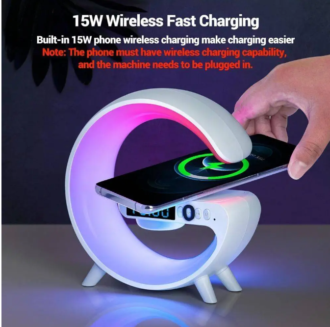 Smart G Lamp Night Light Bluetooth Speaker Wireless Charger LED RGB Alarm Clock