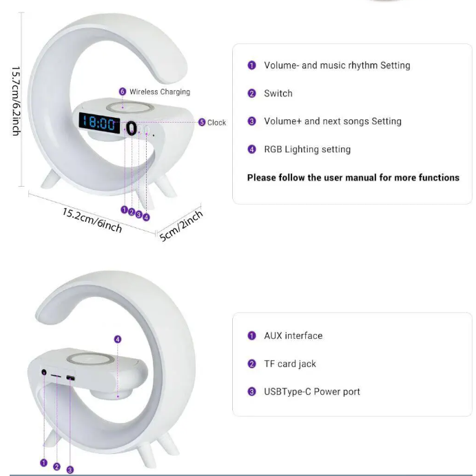 Smart G Lamp Night Light Bluetooth Speaker Wireless Charger LED RGB Alarm Clock